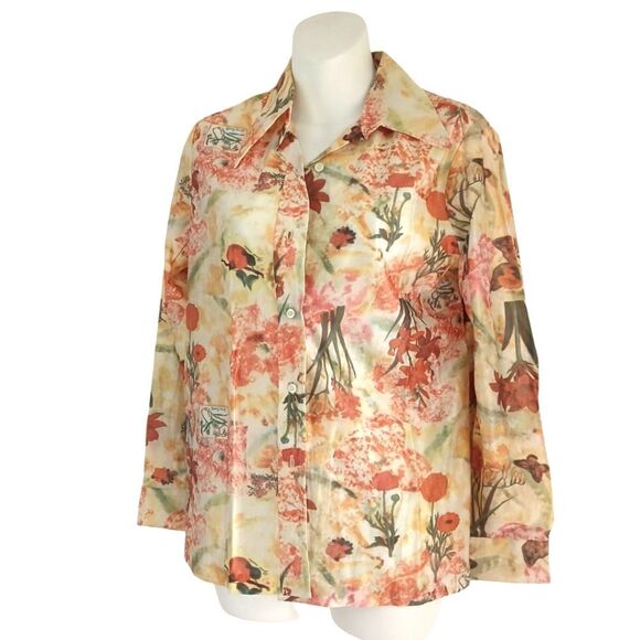 Tail's End Vintage 80's Top Button Down Wide Lapels Long Sleeves Floral - Picture 2 of 13
